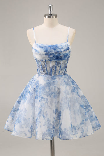 White Blue Flower A Line Corset Ruched Homecoming Dress